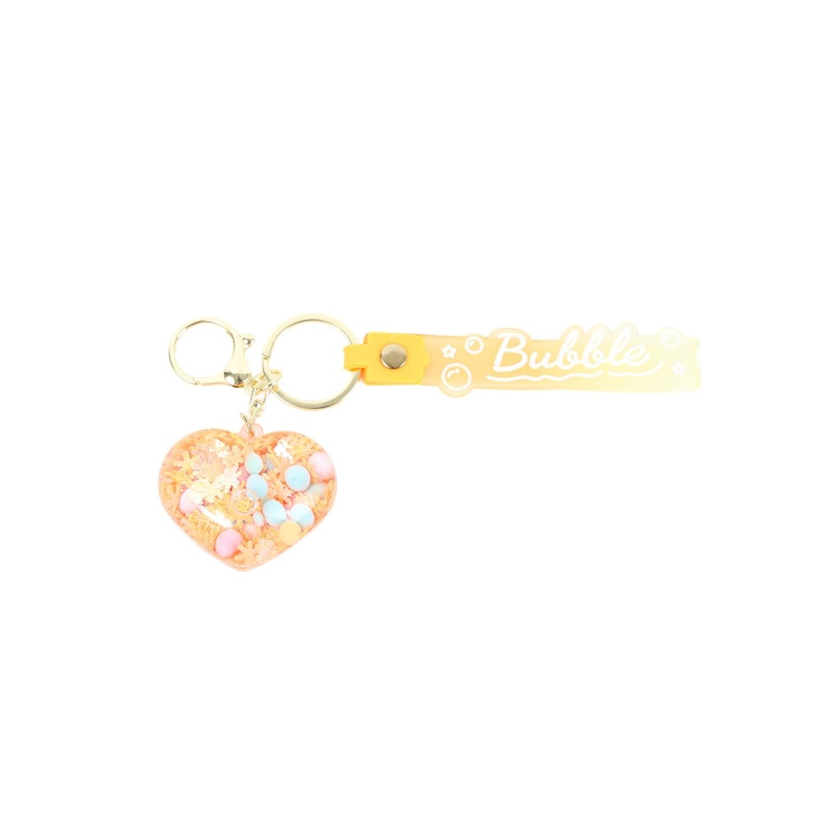 Orange bubble keychain with glitter heart charm and Bubble ribbon bar on metal loops