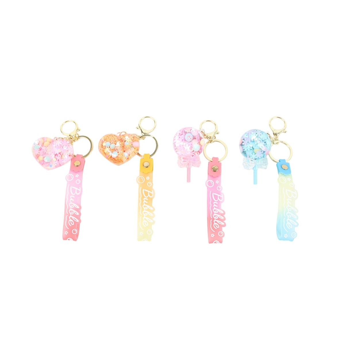 Bubble design keychain set with pastel heart charms and ribbon tags on metal rings