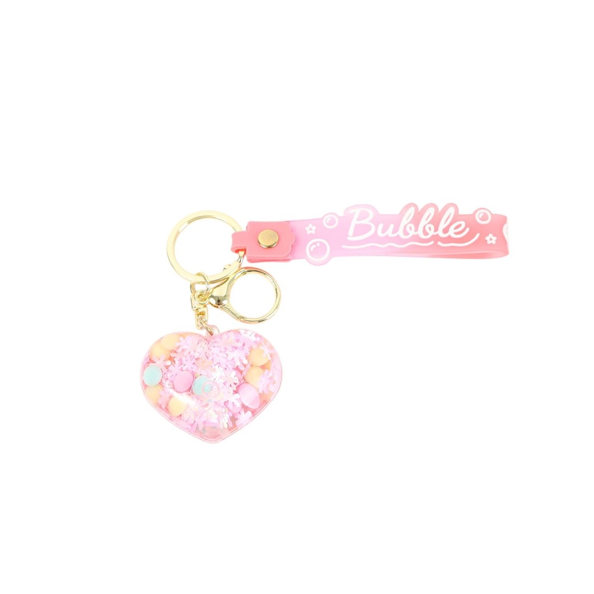 Pink bubble keychain with glitter heart charm and Bubble ribbon bar on metal loops