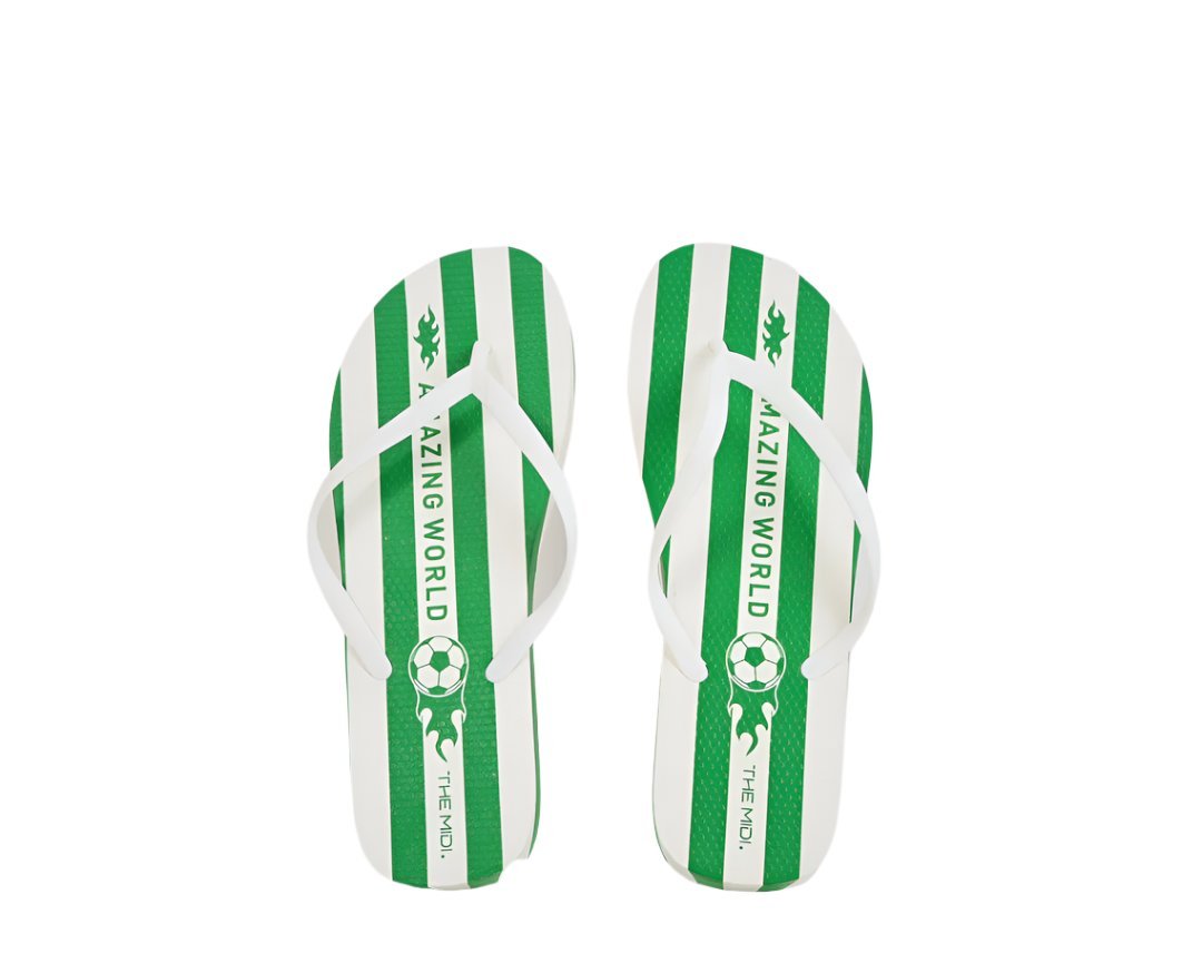 Kids green striped flip-flops with white soles and soccer graphic straps