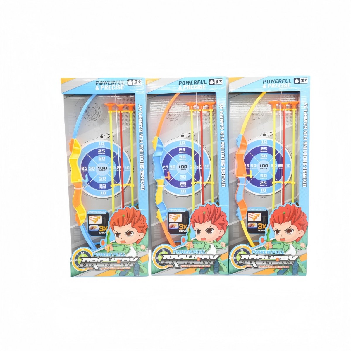 Archery toy set multipack with three boxed bows in blue, orange, and yellow.