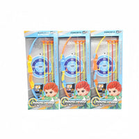 Archery toy set multipack with three boxed bows in blue, orange, and yellow.