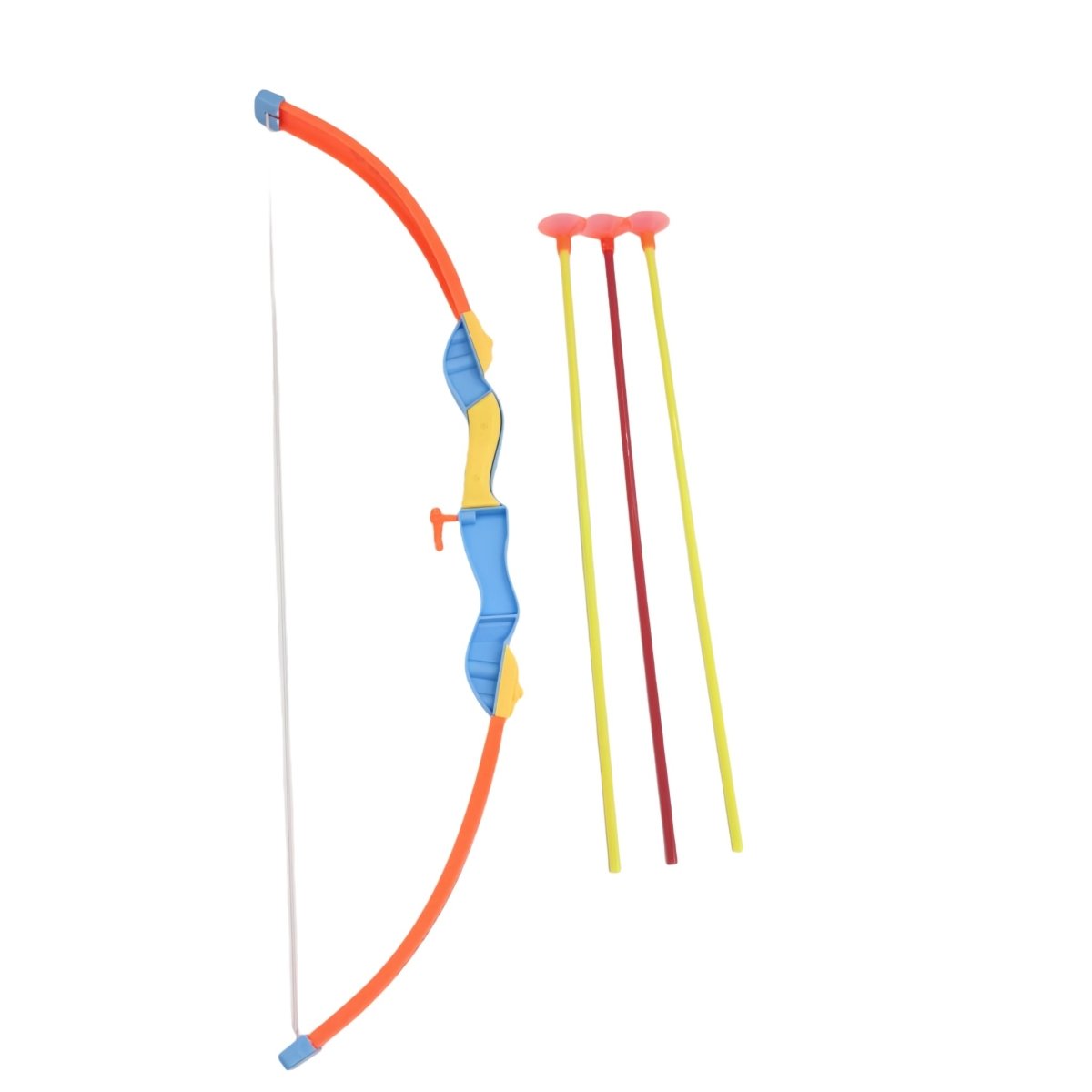 Orange kids archery bow with three colored toy arrows with red tips.