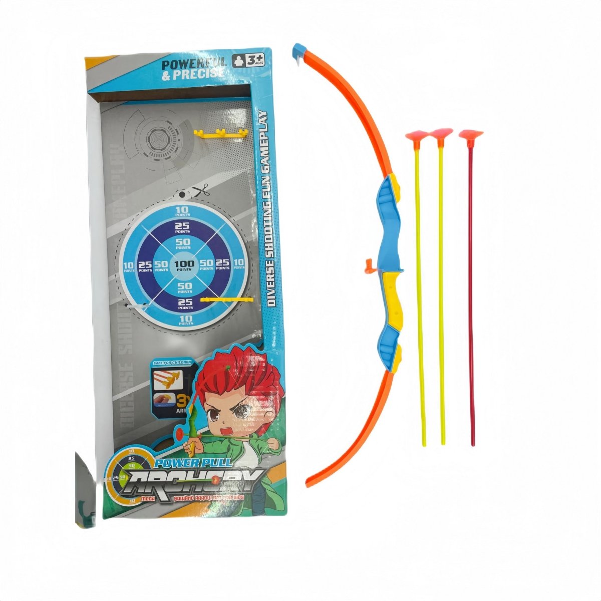 Kids archery toy set with orange bow and three colored plastic arrows.