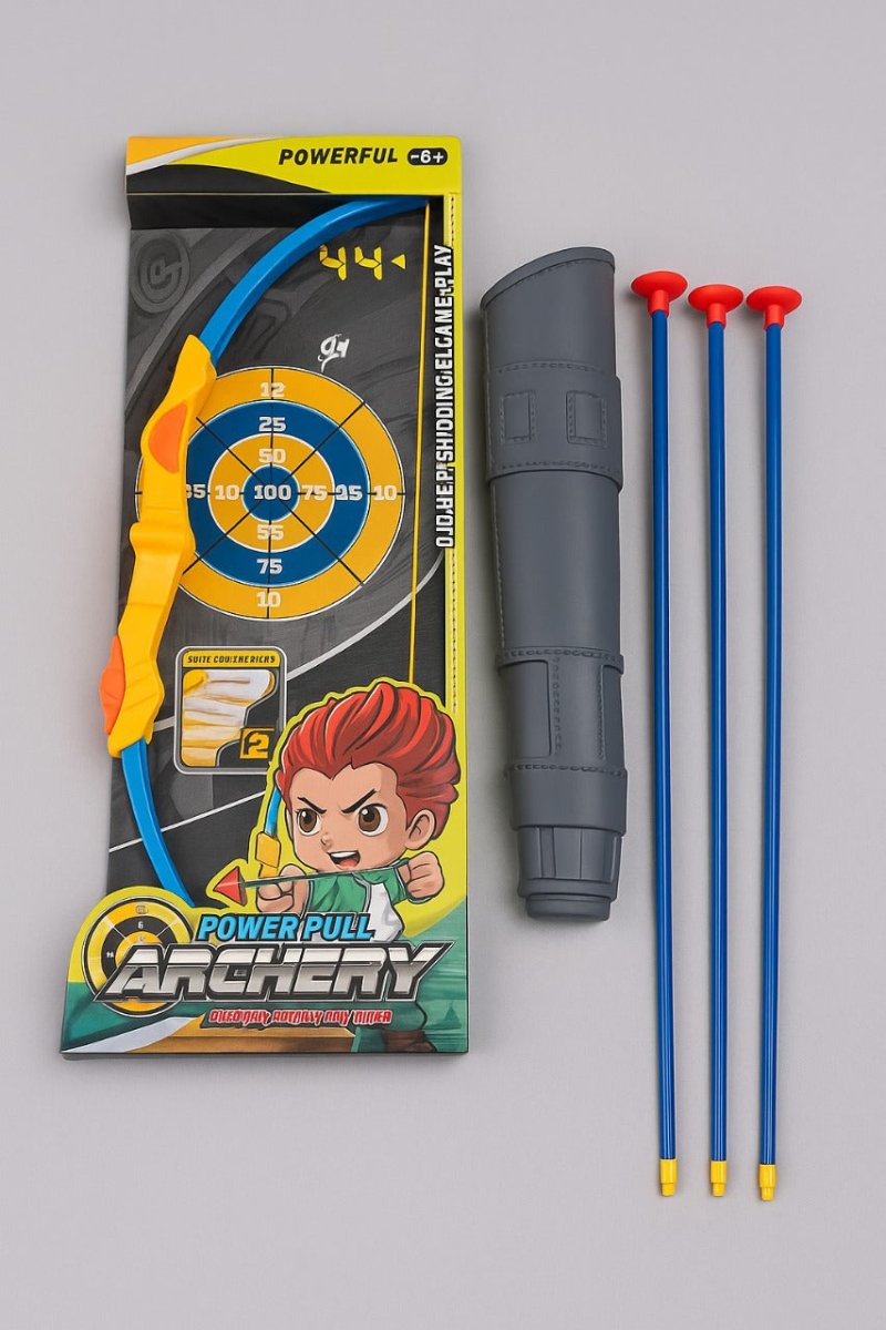 Kids archery set toy with gray quiver and blue arrows, safe plastic tips and bow