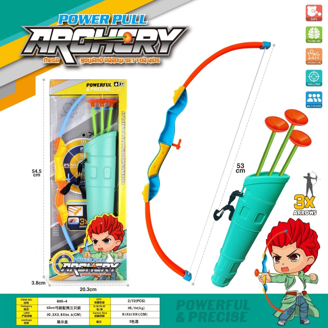 Kids archery set toy with turquoise quiver, green arrows, and orange-blue bow