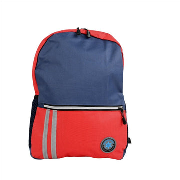 Kids backpack with red and navy panels, front zipper and logo patch.