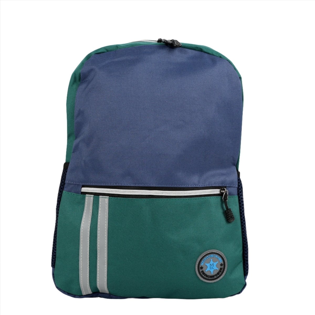 Kids backpack with green and navy panels, front zipper and logo patch.