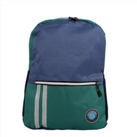 Kids backpack with green and navy panels, front zipper and logo patch.