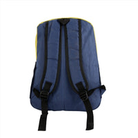 Kids backpack back view with yellow and navy panels, padded shoulder straps.