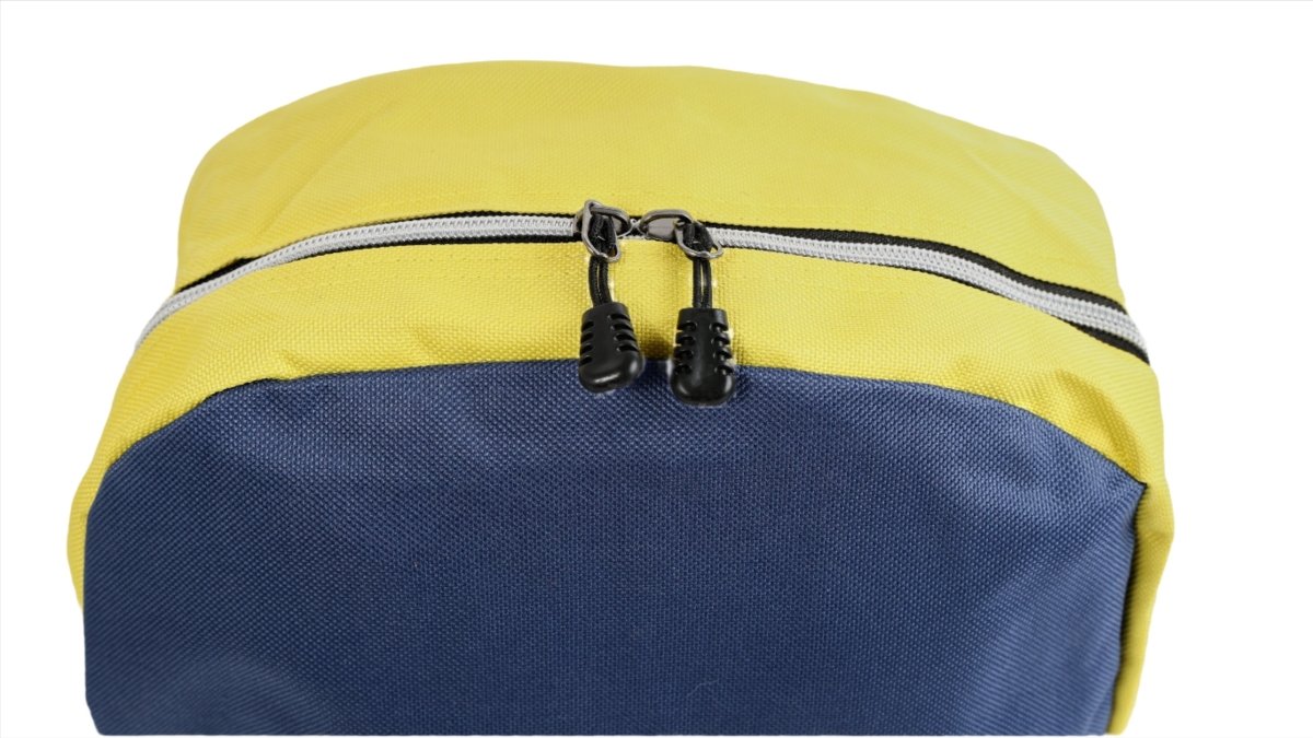 Kids backpack top in yellow with double pull zipper and black hardware.