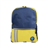 Kids backpack with yellow and navy panels, front zipper and logo patch.