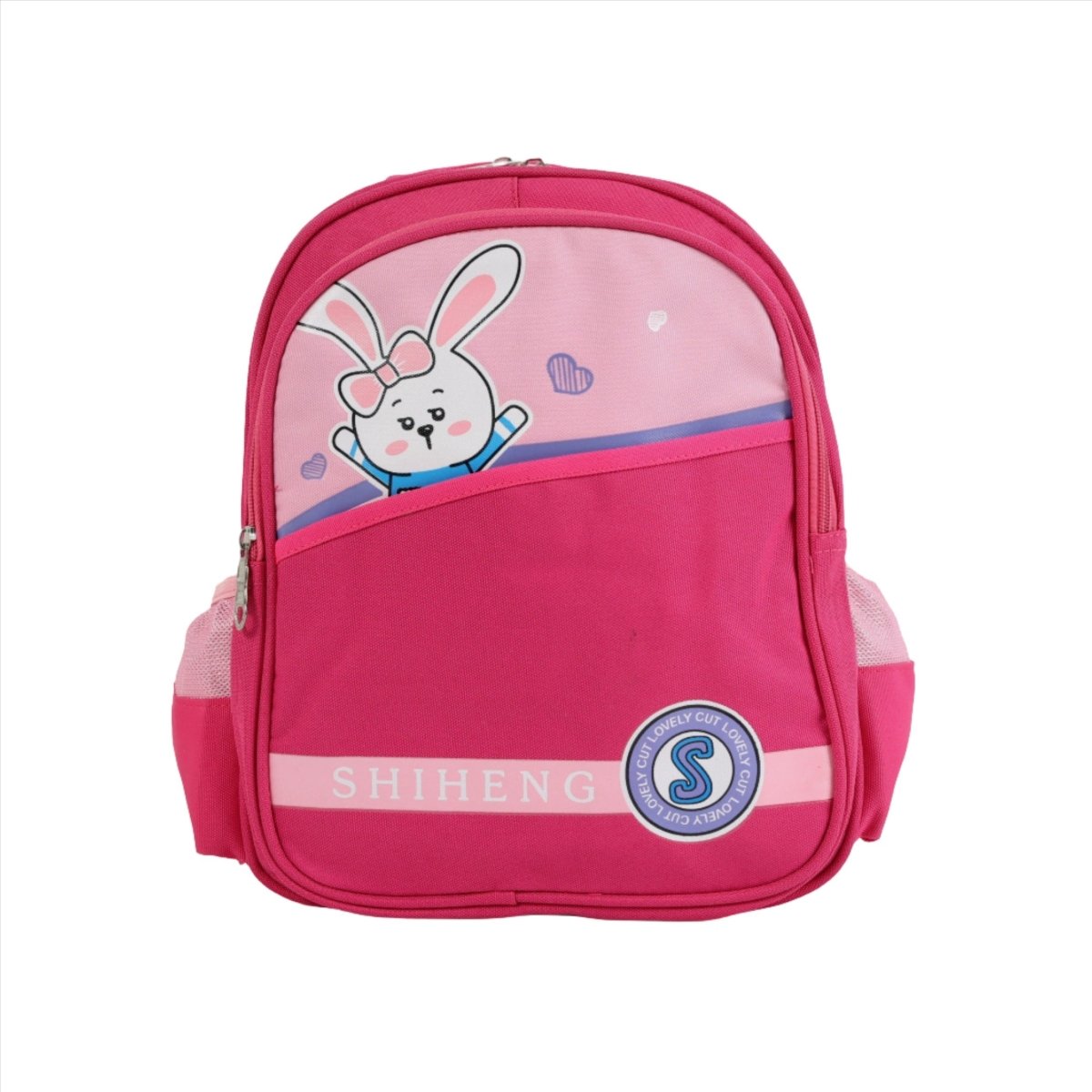 Kids rabbit graphic backpack, pink with front zipper and SHIHENG badge