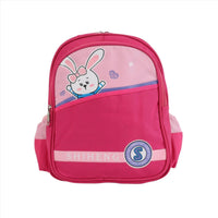 Kids rabbit graphic backpack, pink with front zipper and SHIHENG badge
