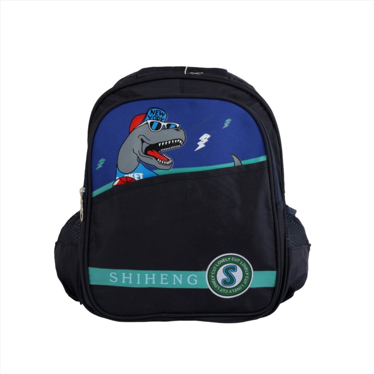 Kids dinosaur graphic backpack, navy blue with front zipper and SHIHENG badge