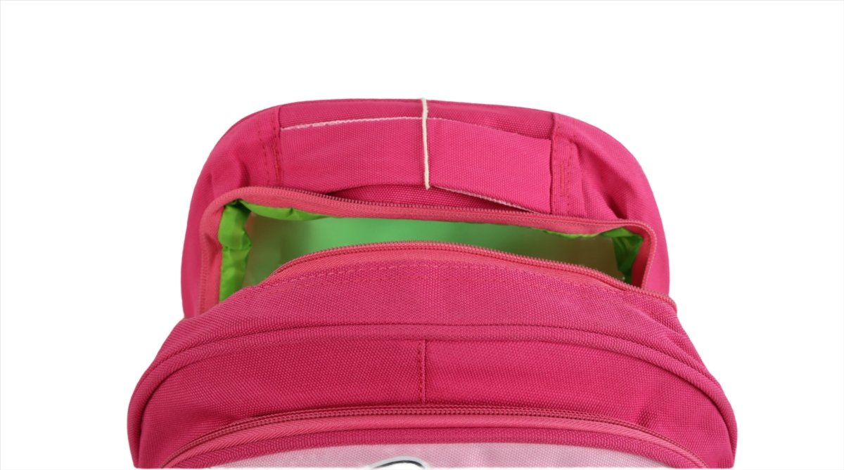 Kids backpack top opening, pink with green-lined interior and zipper trim