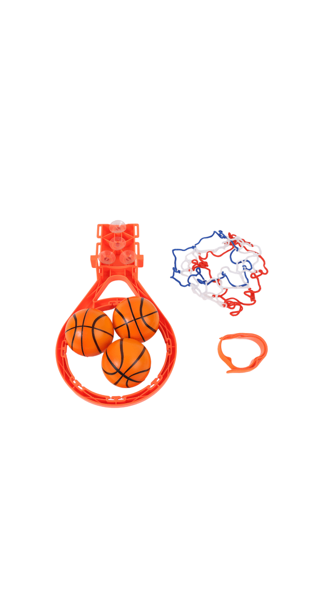 Bath basketball hoop set pieces: orange ring, net, two basketballs, suction base