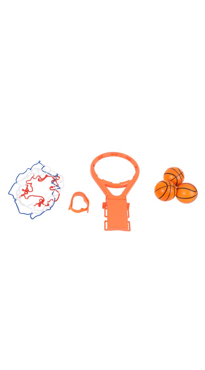 Kids bath basketball hoop parts: orange hoop, net, three basketballs, suction cup