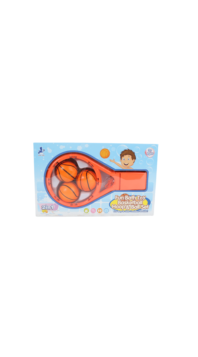 Kids bath basketball hoop set in box, orange hoop, net, and basketballs