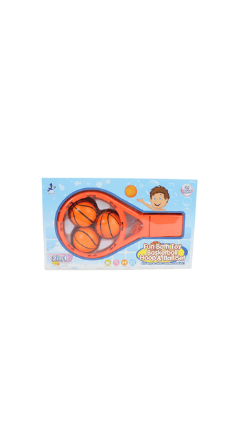 Kids bath basketball hoop set in box, orange hoop, net, and basketballs