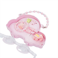 Kids car-shaped accessory bag, pink open case with pearly bead handle and charms