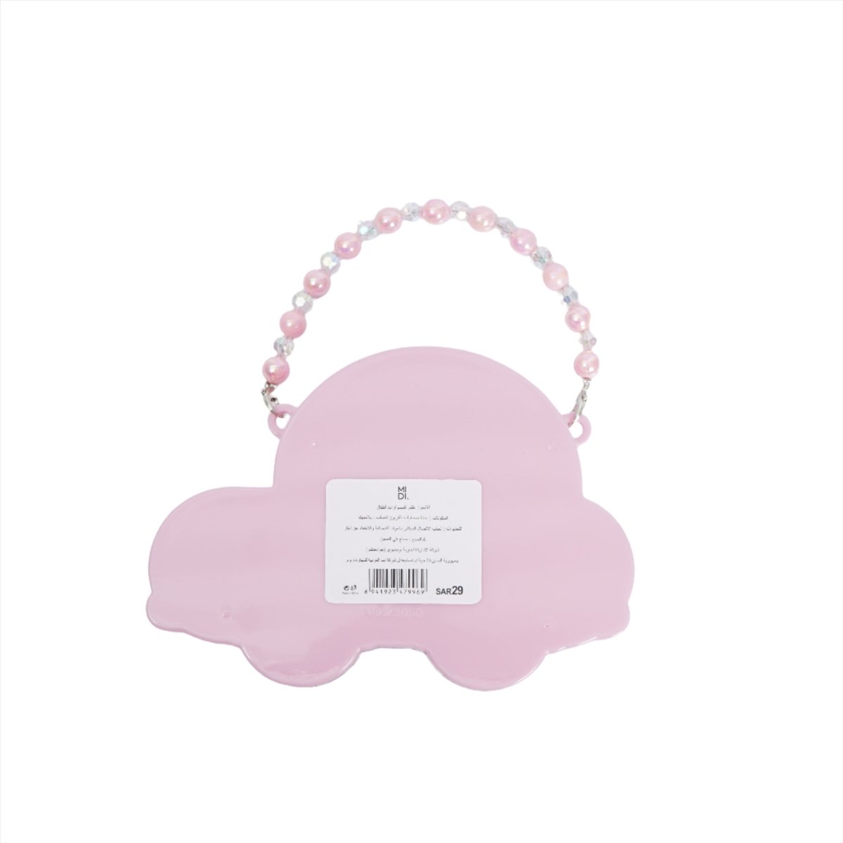 Kids car-shaped accessory bag, pink car back with bead handle and barcode label