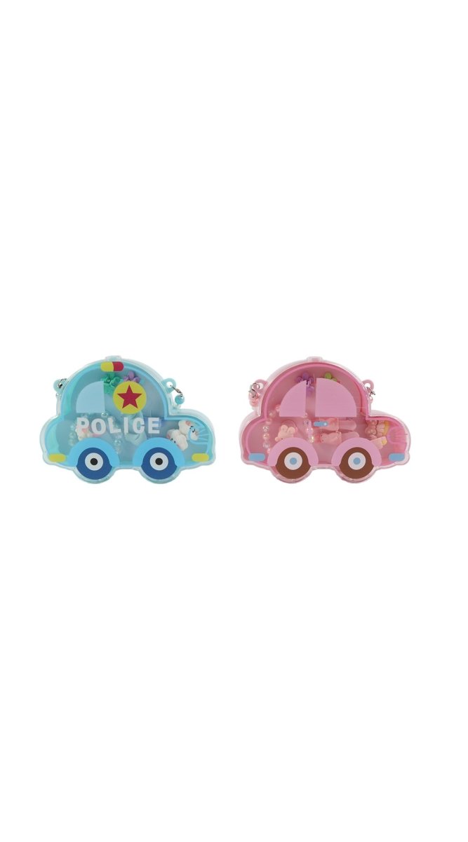 Kids car-shaped accessory bag set, light blue police and pink car with bead handles