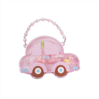Kids car-shaped accessory bag, pink open top with bead strap and interior toys