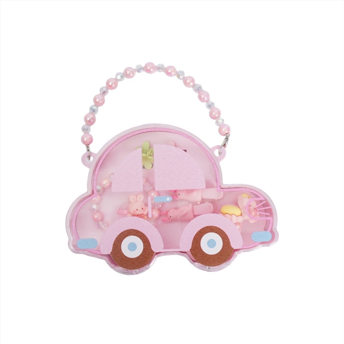 Kids car-shaped accessory bag, pink open car case with bead handle and toy details