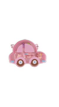 Kids car-shaped accessory bag, pink with bead handle and window scenes