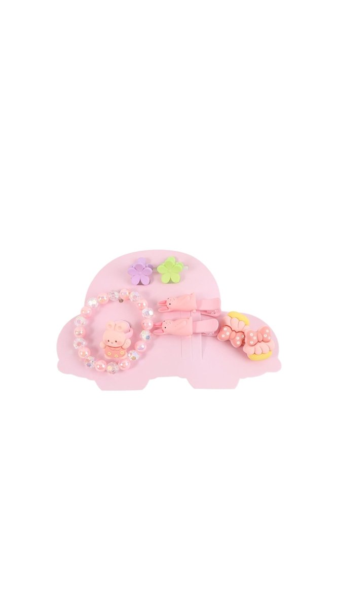 Kids car-shaped accessory bag, pink front with molded scene and hanging bead chain