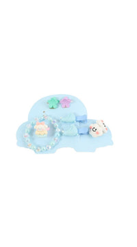Kids car-shaped accessory bag, light blue cloud design with pastel figurine charms