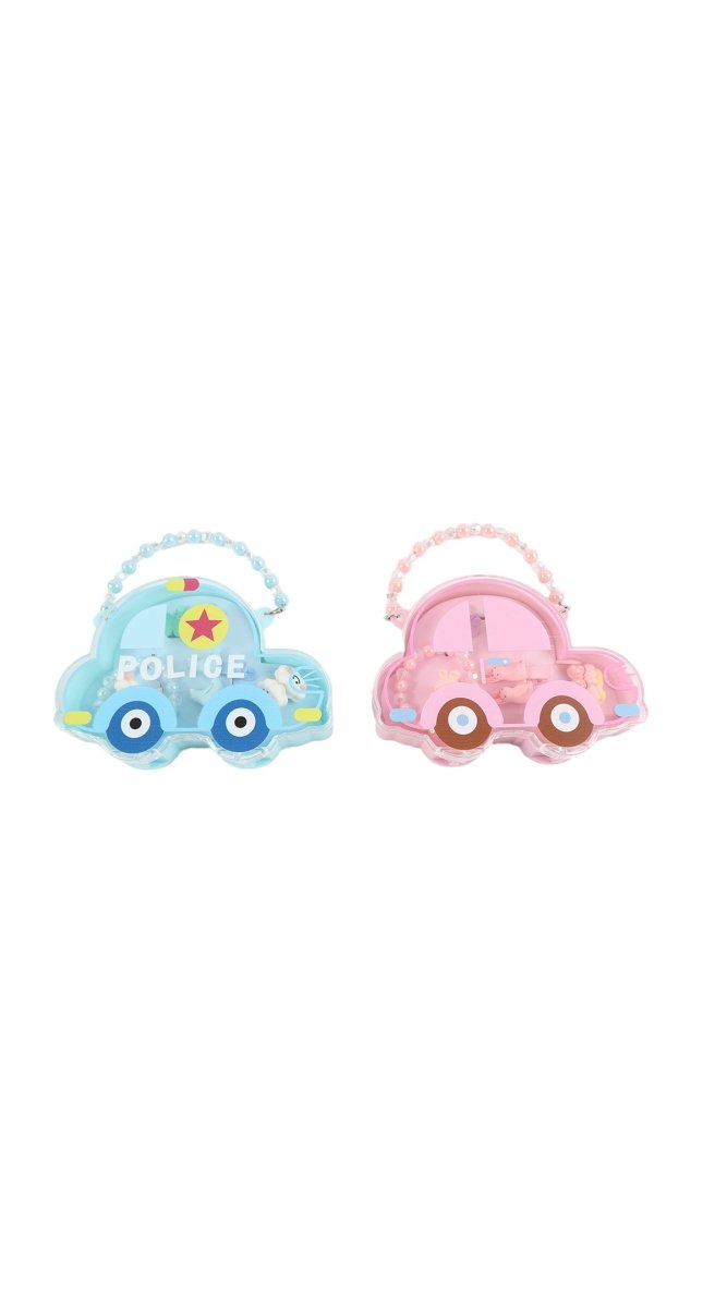 Kids car-shaped accessory bag set, light blue police and pink car designs