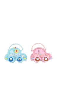Kids car-shaped accessory bag set, light blue police and pink car designs