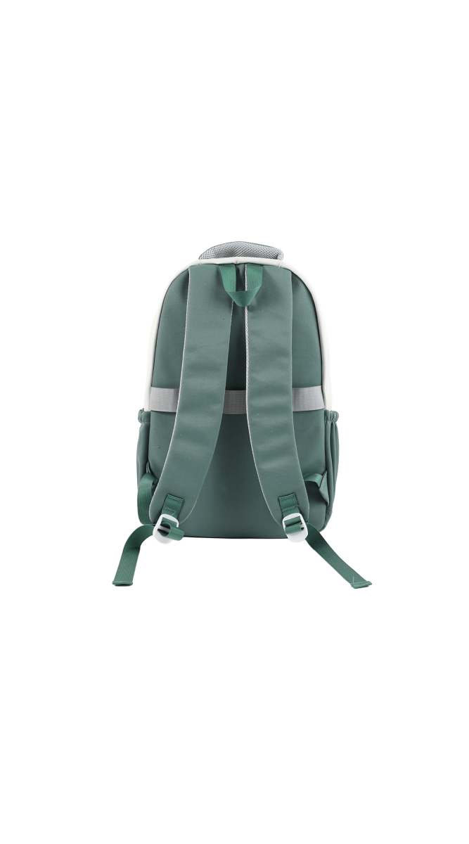 Kids cat backpack back view, solid green fabric with adjustable shoulder straps
