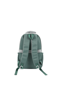 Kids cat backpack back view, solid green fabric with adjustable shoulder straps