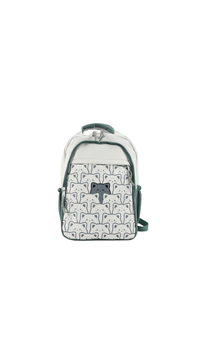Kids cat backpack front view, white fabric with cat print and green straps