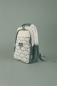 Cat-pattern kids backpack, white front with green trim and top zipper