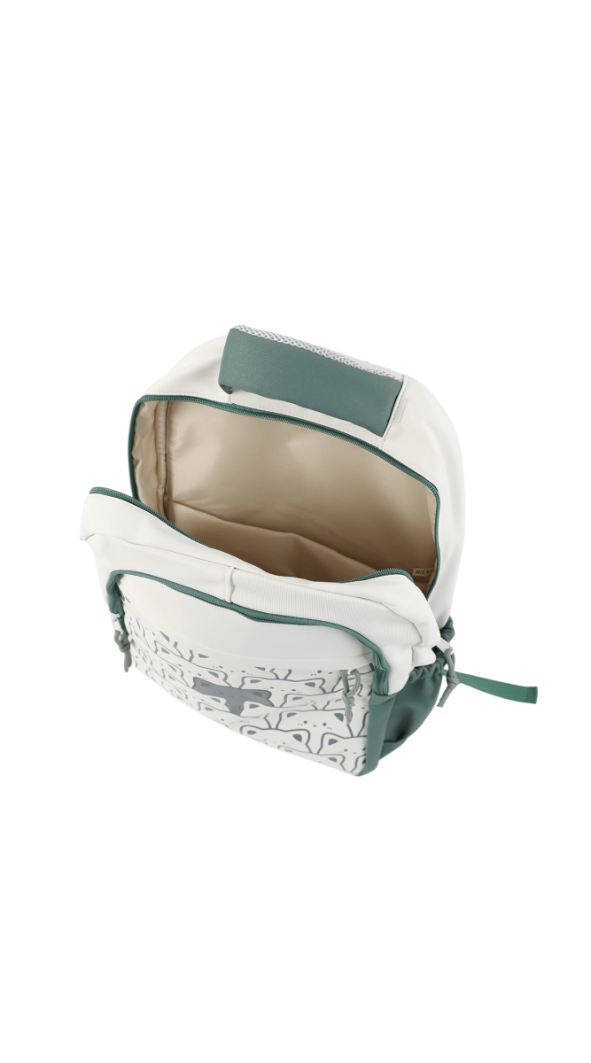 Kids cat backpack open, showing tan interior and white cat print with green trim