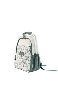Cat-pattern kids backpack, white body with green side panel and top handle loop
