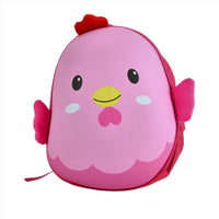 Pink kids chicken-shaped backpack with round face, red comb, and side wings