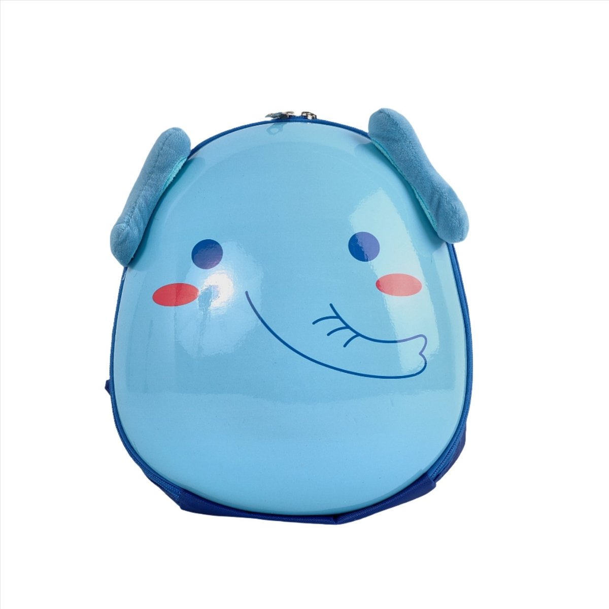 Blue kids chicken-shaped backpack with smiling face and side ear flaps