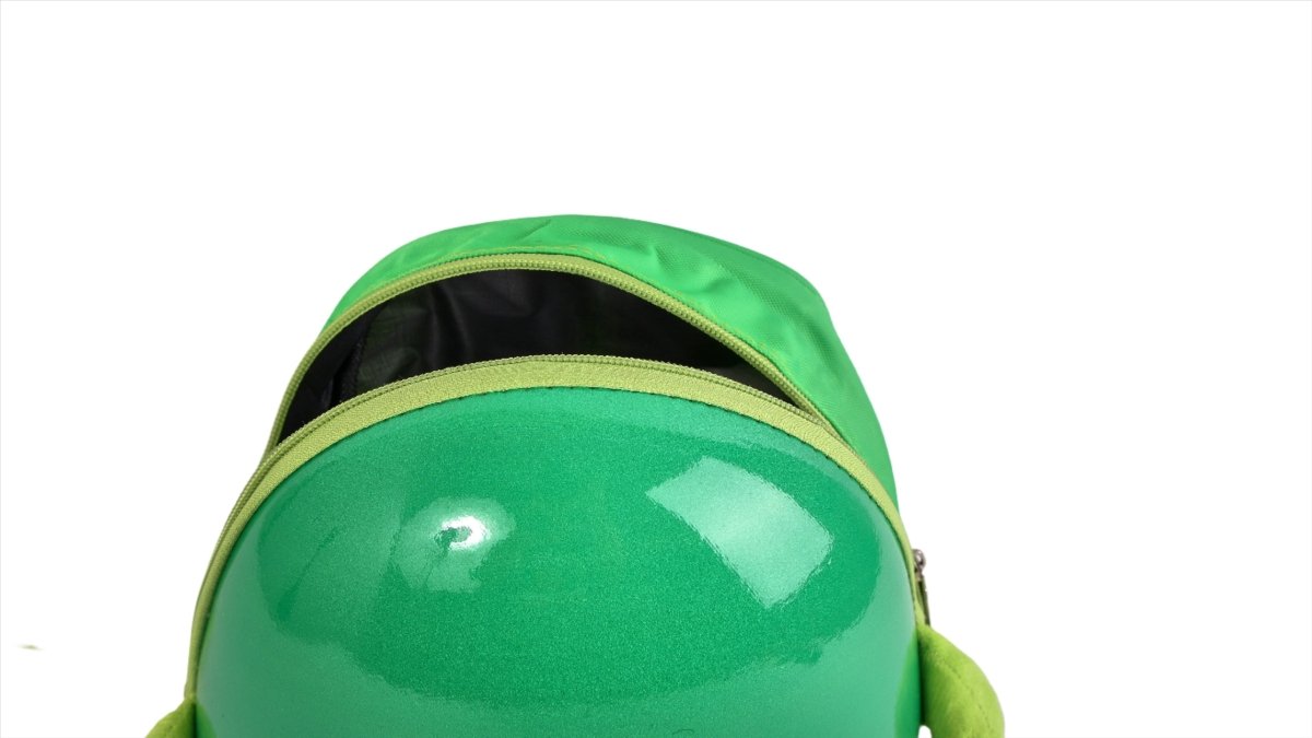 Green kids chicken-shaped backpack top view with zipper and curved front