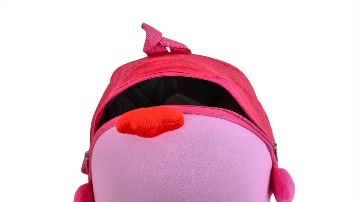 Pink kids chicken-shaped backpack with open top and black interior