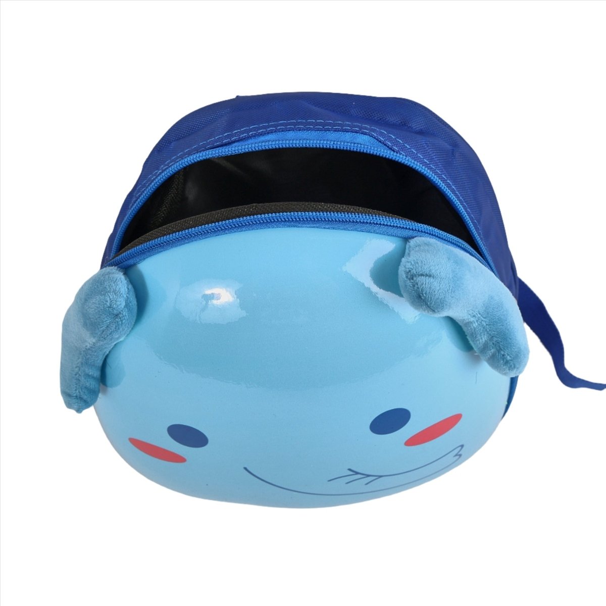 Blue kids chicken-shaped backpack with top zipper and plush side cheeks