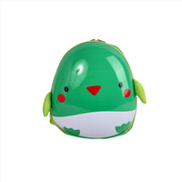 Green kids chicken-shaped backpack with shiny dome, red beak, and rounded cheeks
