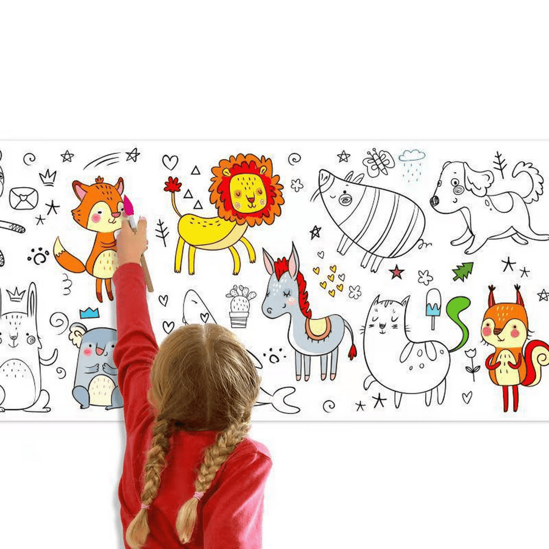 Kids coloring roll sheet with colorful zoo animal outlines and stars