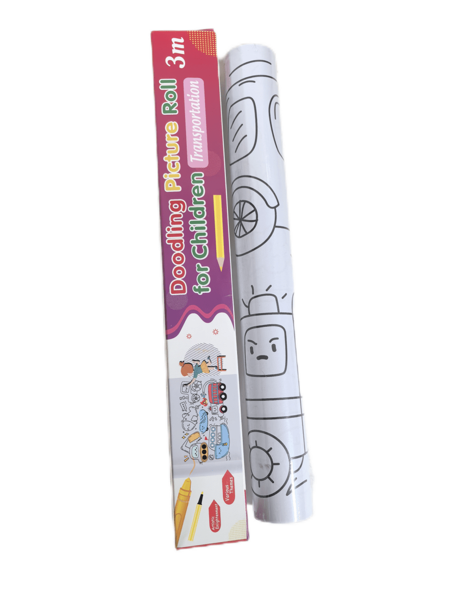 Kids coloring roll, 3m long, animal line drawings on white paper
