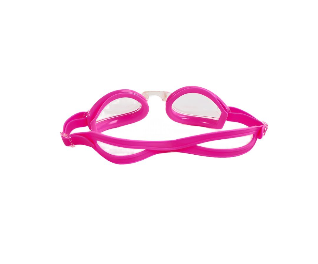 Pink kids swimming goggles with wide strap and clear dual lenses