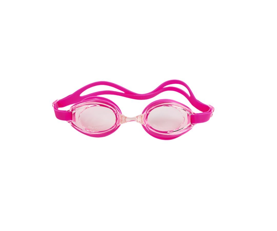 Pink kids swimming goggles with clear lenses and contoured strap
